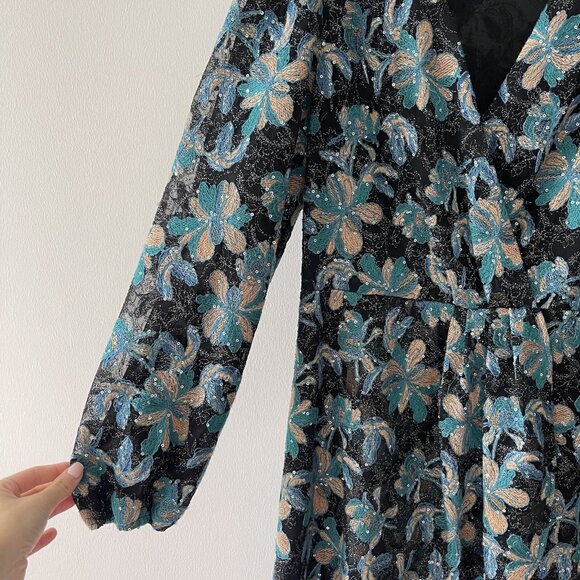 SANDRO Dress Sequins blue Flowers Sz 40 Gold - Picture 7 of 13